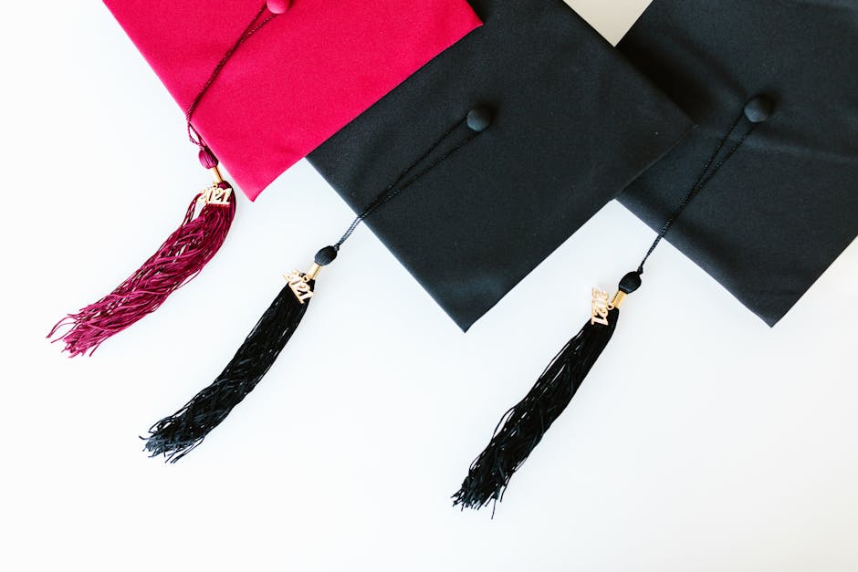 Vibrant red and black graduation caps with 2024 tassels on a white background.